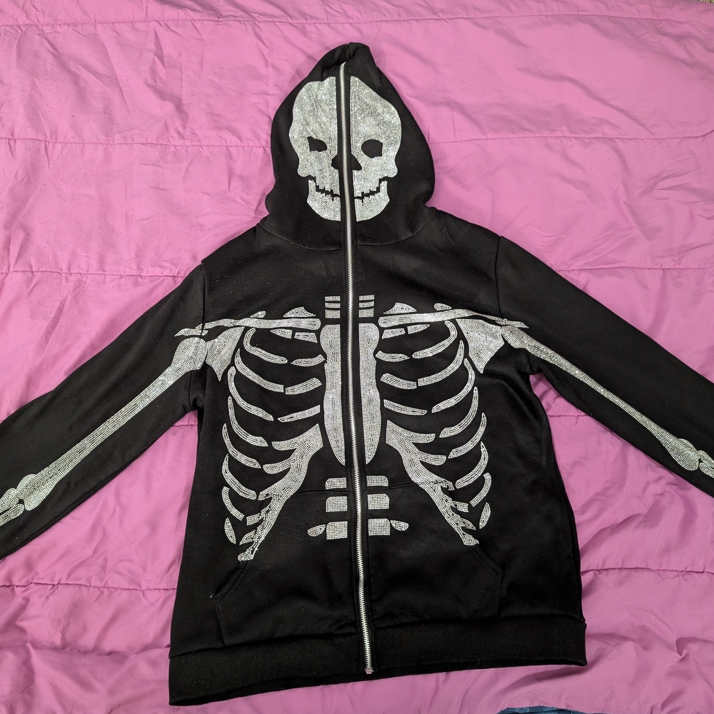 Black Skeleton Hoodie with Silver Design